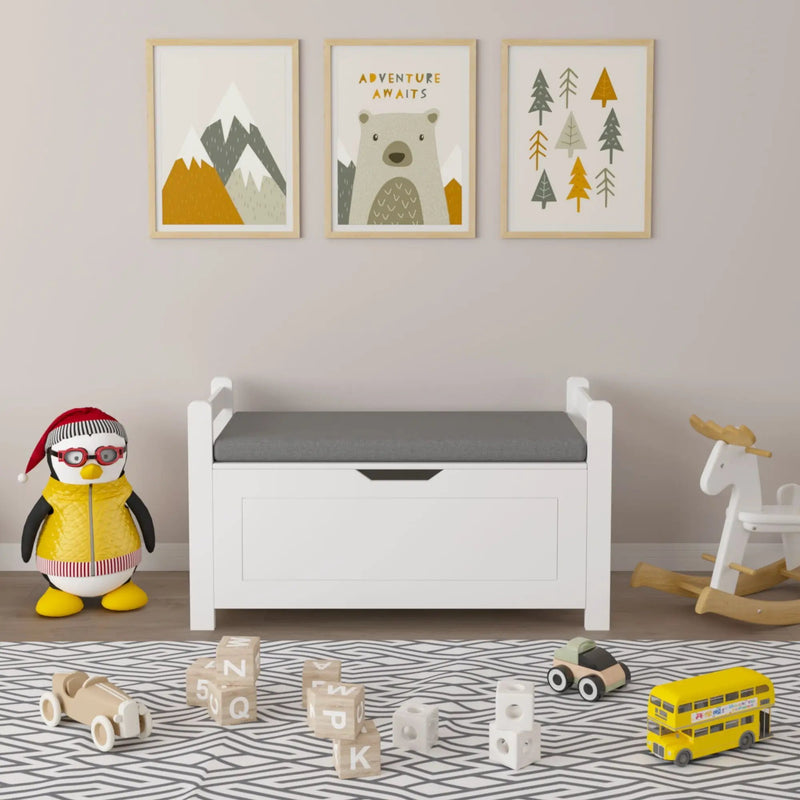 Kids Toy Box Chest Storage Cabinet With Cushion Seat Bench Flip Top Lid Safety Hinge - White by HouseOfZazla