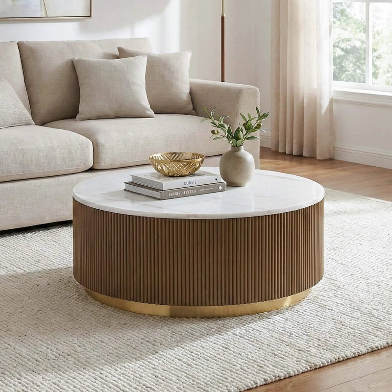 3 Piece Table Set Round Cocktail Table And 2 Round End Tables - Brown / Gold / White by HouseOfZazla