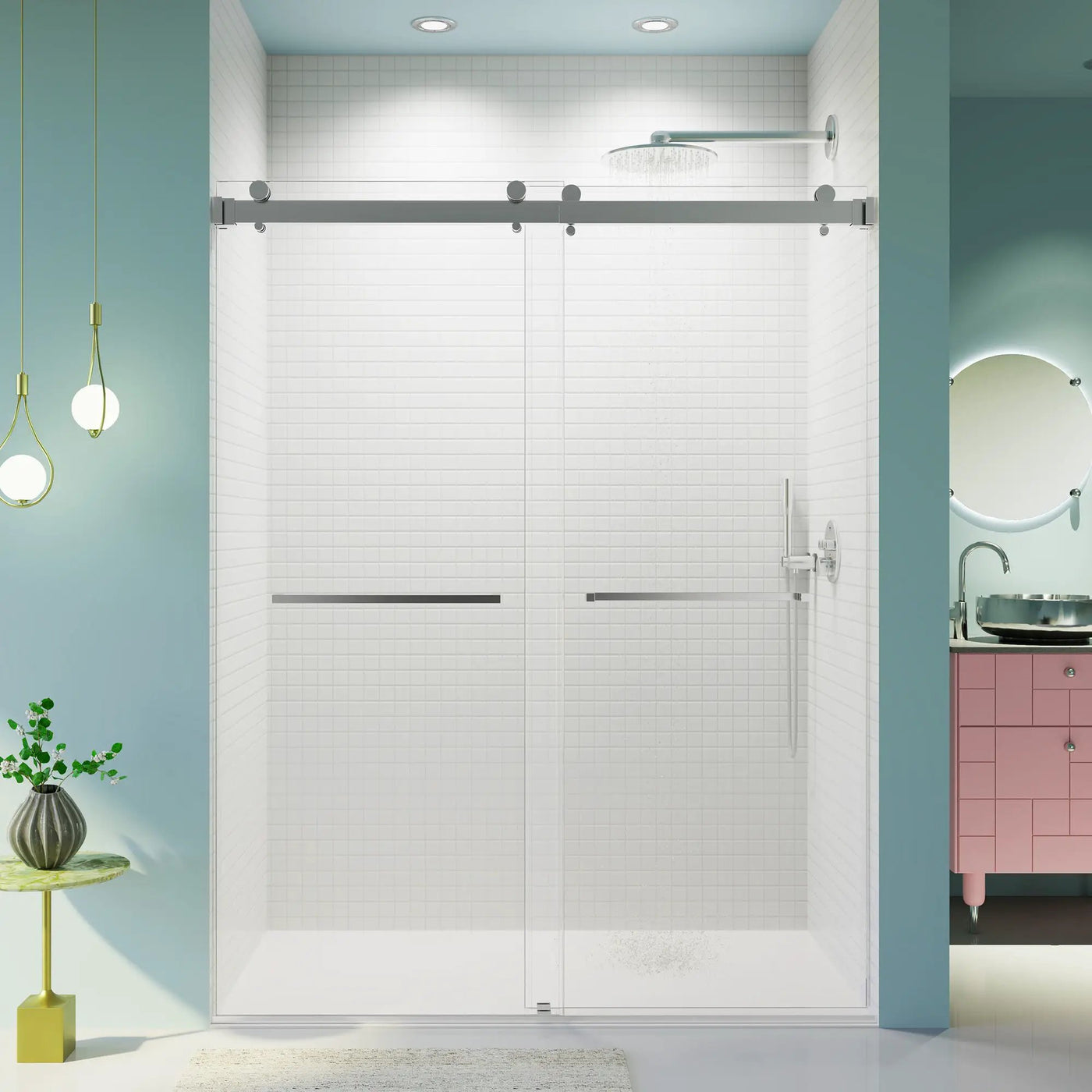 Frameless Double Sliding Shower Door In, Thick Tempered Glass, Reversible Installation by HouseOfZazla