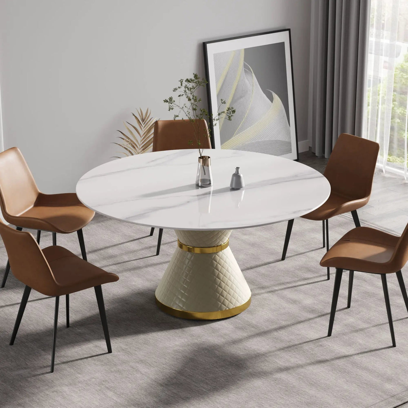 Modern Artificial Stone Round Carbon Steel Base Dining Table, Can Accommodate 6 People by Unique Piece Furniture