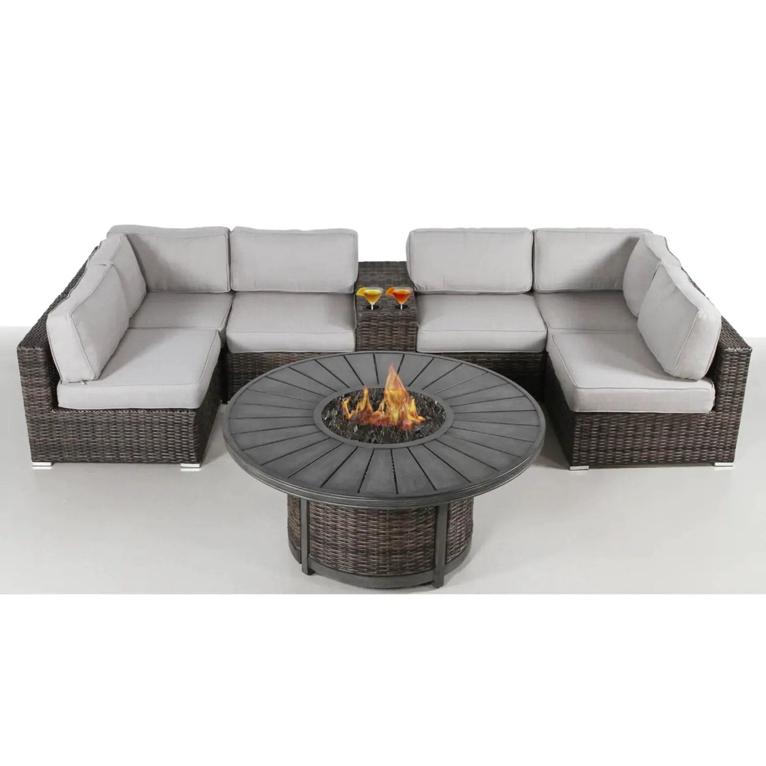 All Weather 4 Person Patio Sofa Set With Fire Pit And Side Table Rustproof - Brown by HouseOfZazla