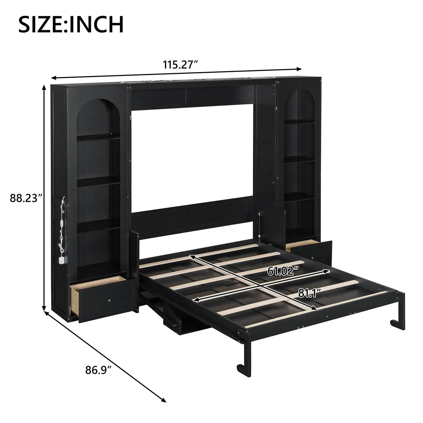 French Style Murphy Platform Bed With Shelf, Side Cabinets, Drawers And LED by HouseOfZazla