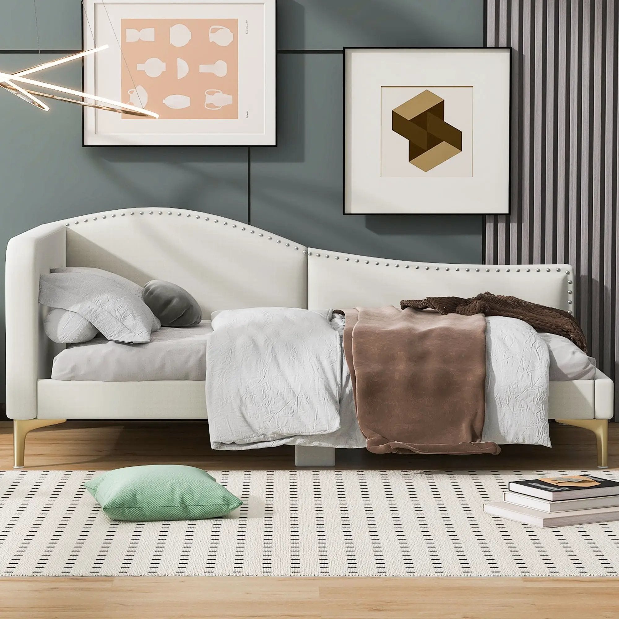 Upholstered Daybed With Headboard And Armrest, Support Legs by HouseOfZazla