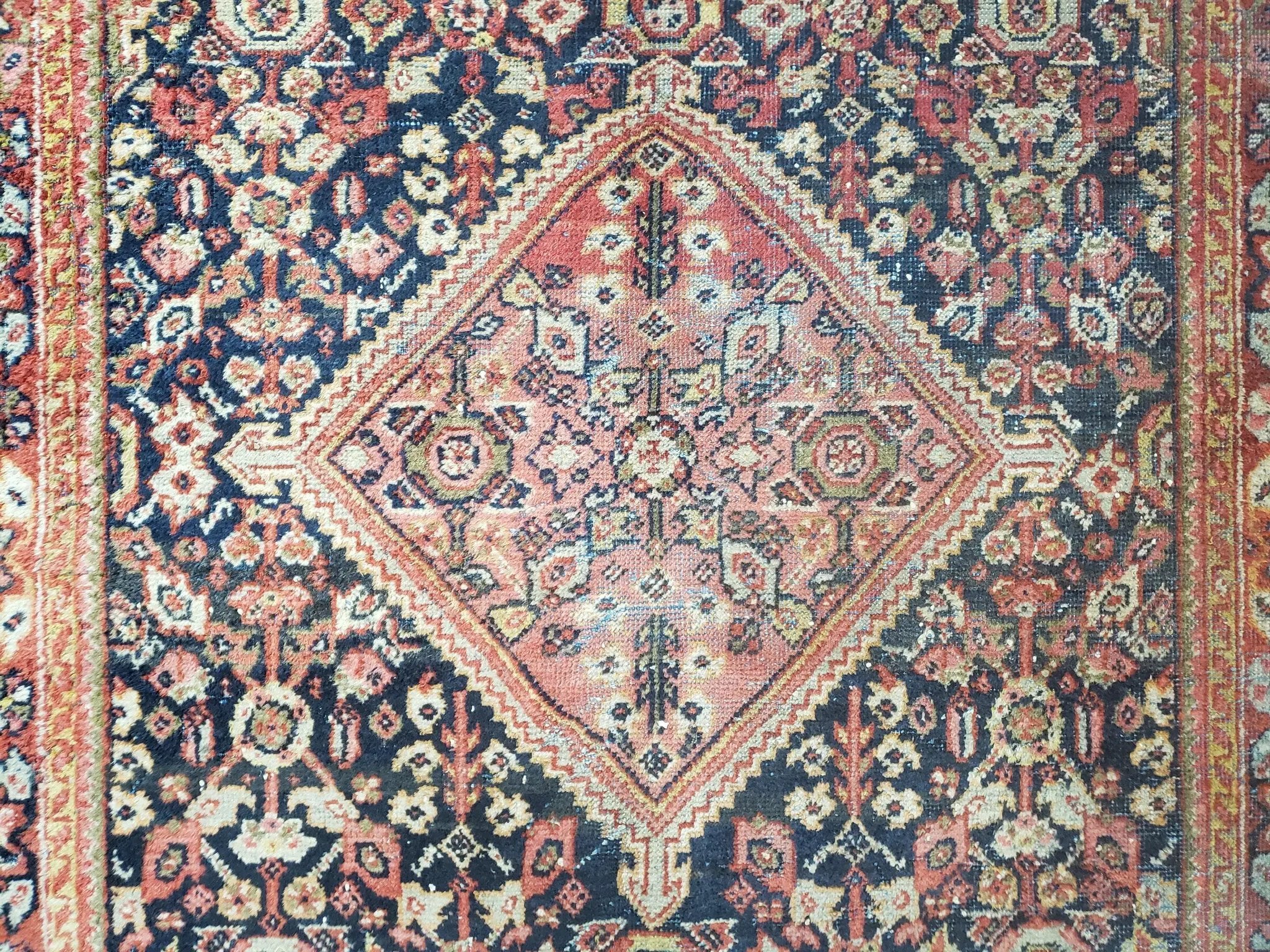 Antique Persian Mahal Area Rug 4.4 x 6.6, Wool Hand-Knotted Shabby Chic Oriental Rug, Red Black 1930s Foyer Room Carpet, Low Pile Boho Rug by Jewel Rugs