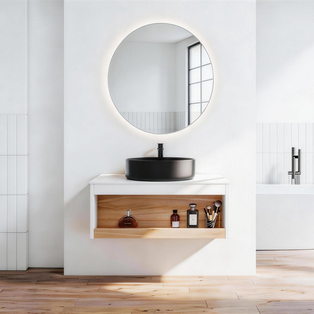 Floating Bathroom Vanity With Glossy Round Vessel Sink, photo 24 of 40