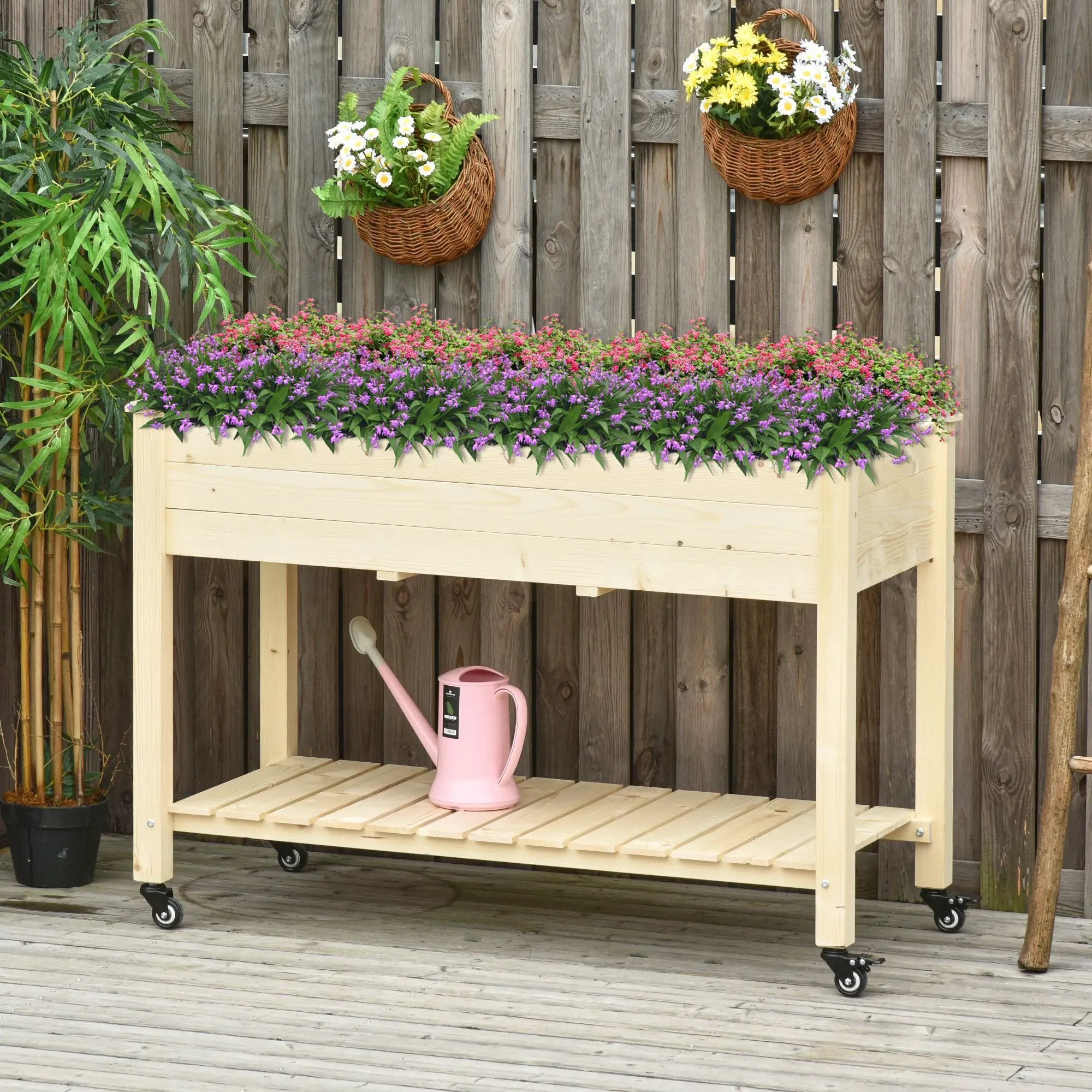 Outsunny - Raised Garden Bed, 47" x 22" x 33", Elevated Wooden Planter Box With Lockable Wheels, Storage Shelf, And Bed Liner For Backyard, Patio - Natural by HouseOfZazla