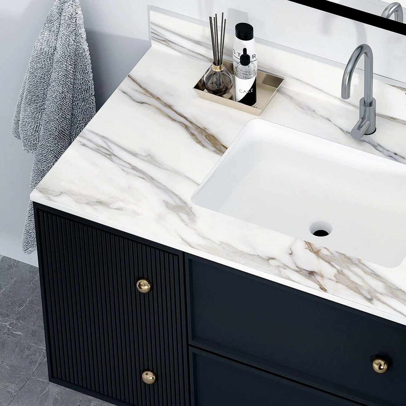 Elegant Vanity Top With Undermount Sink And Backsplash, Sintered Stone by HouseOfZazla