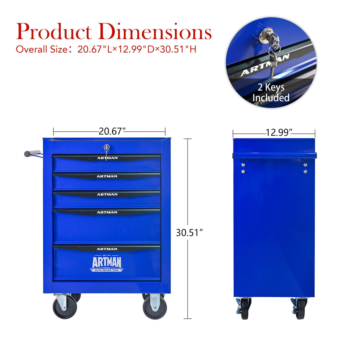 Rolling Metal Tool Chest with 5 Drawers - Black+Blue, photo 7 of 10