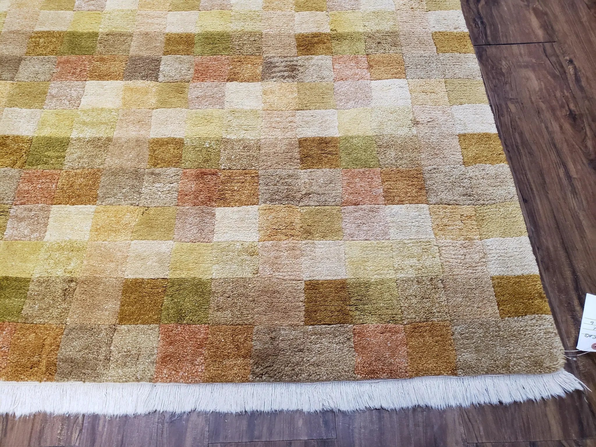 4x6 Tibetan Rug, Modern Abstract Handmade Area Rug, Checkerboard Pattern, Neutral Ivory Gold Tan Colors, Soft Pile, Mid Sized Rug, Nepali by Jewel Rugs