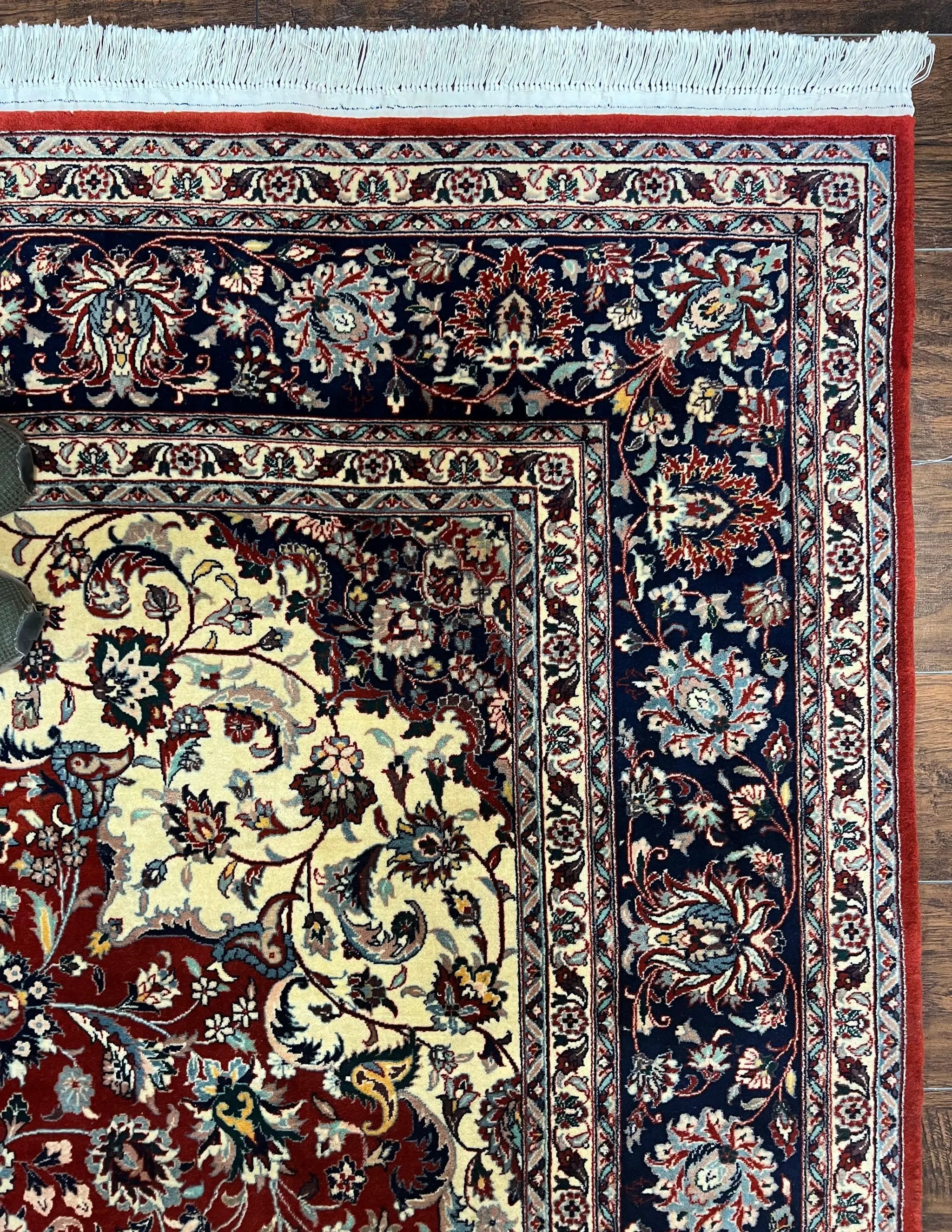 Fine Sino Persian Rug 7x10 ft, Floral Central Medallion Oriental Carpet, Red Navy Blue Cream, Hand Knotted Wool Traditional Vintage Rug by Jewel Rugs
