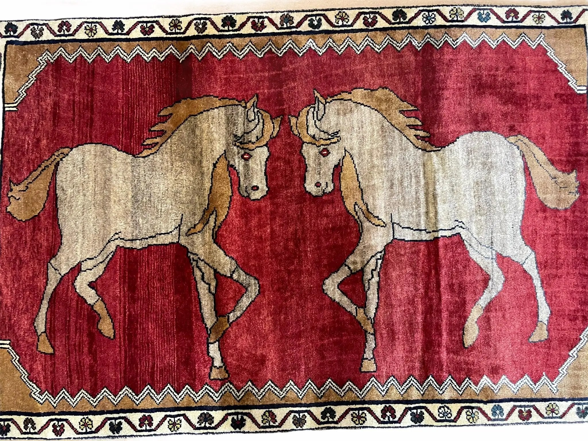 4 X 6 Handmade Hand-Knotted New Vintage Rug Wool Horses Red Organic Dyes Tribal by Jewel Rugs