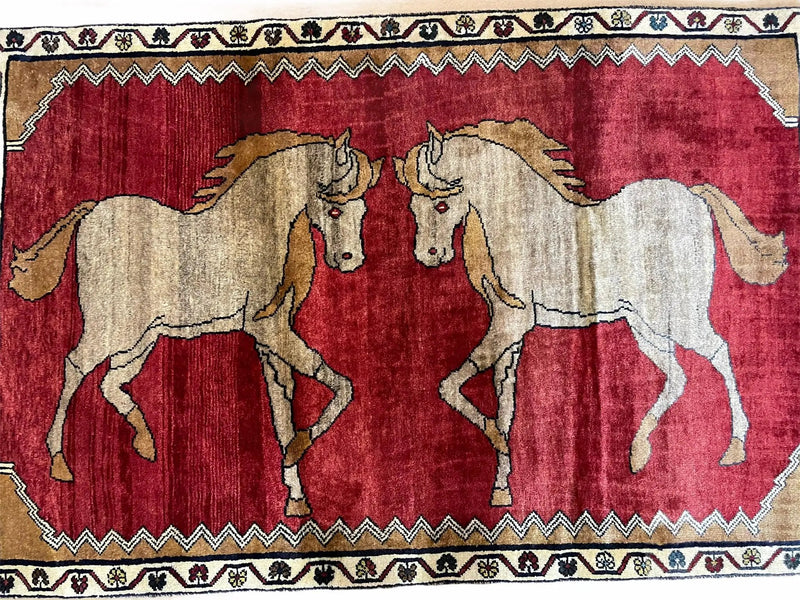 4 X 6 Handmade Hand-Knotted New Vintage Rug Wool Horses Red Organic Dyes Tribal by Jewel Rugs