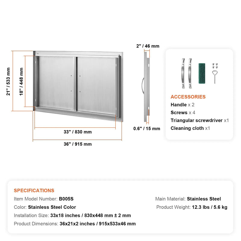BBQ Access Door, 36W x 21H Inch Stainless Steel Outdoor Kitchen Door by HouseOfZazla