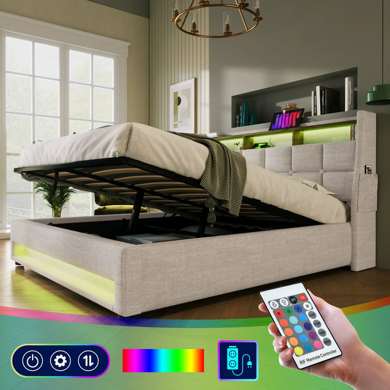 Upholstered Platform Bed With A Hydraulic Storage System, LED And USB Charging (Without Mattress) by HouseOfZazla