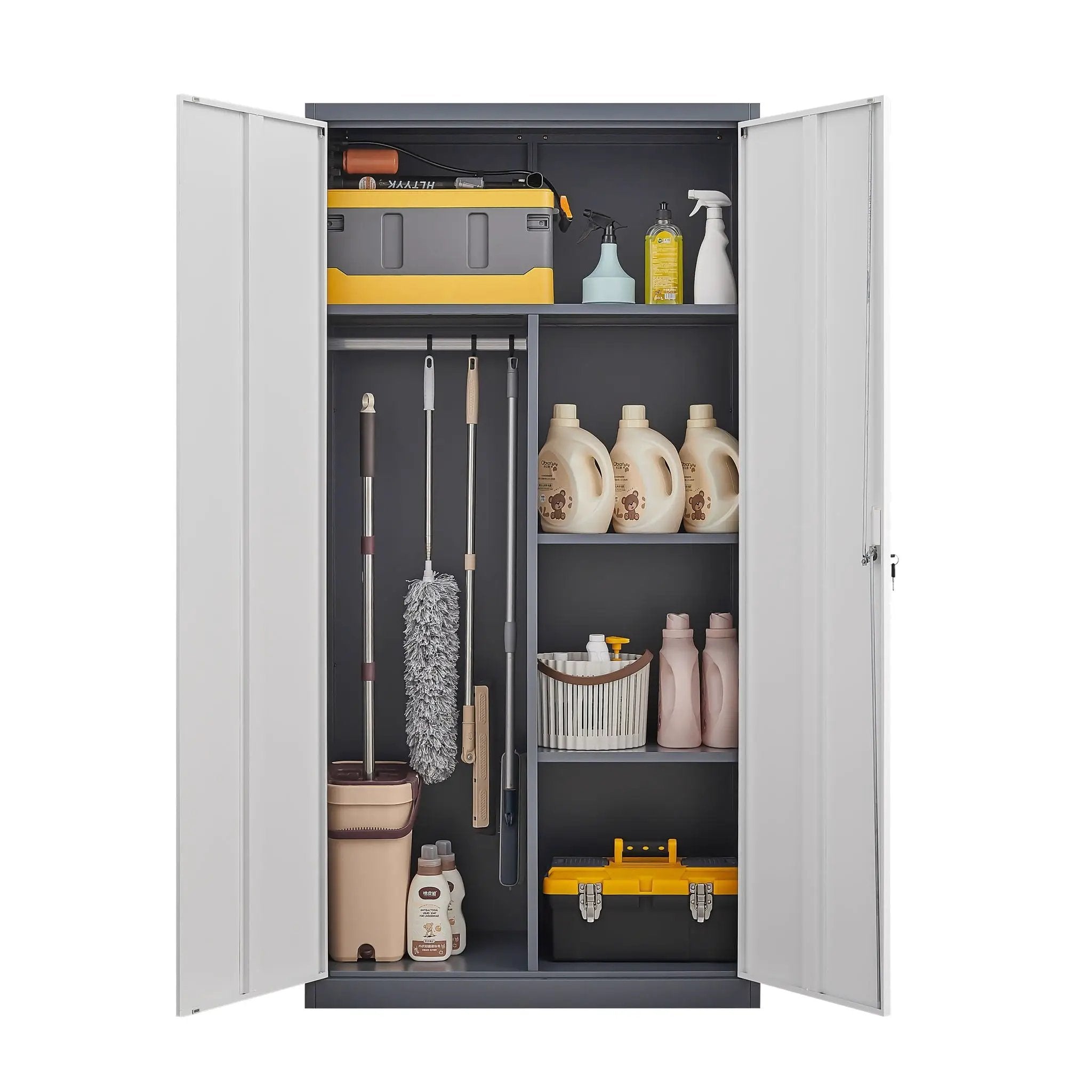 Wardrobe With Hanging Rod And Compartments, Lockable Closet With Locks & Keys For Bedroom - Gray by Unique Piece Furniture