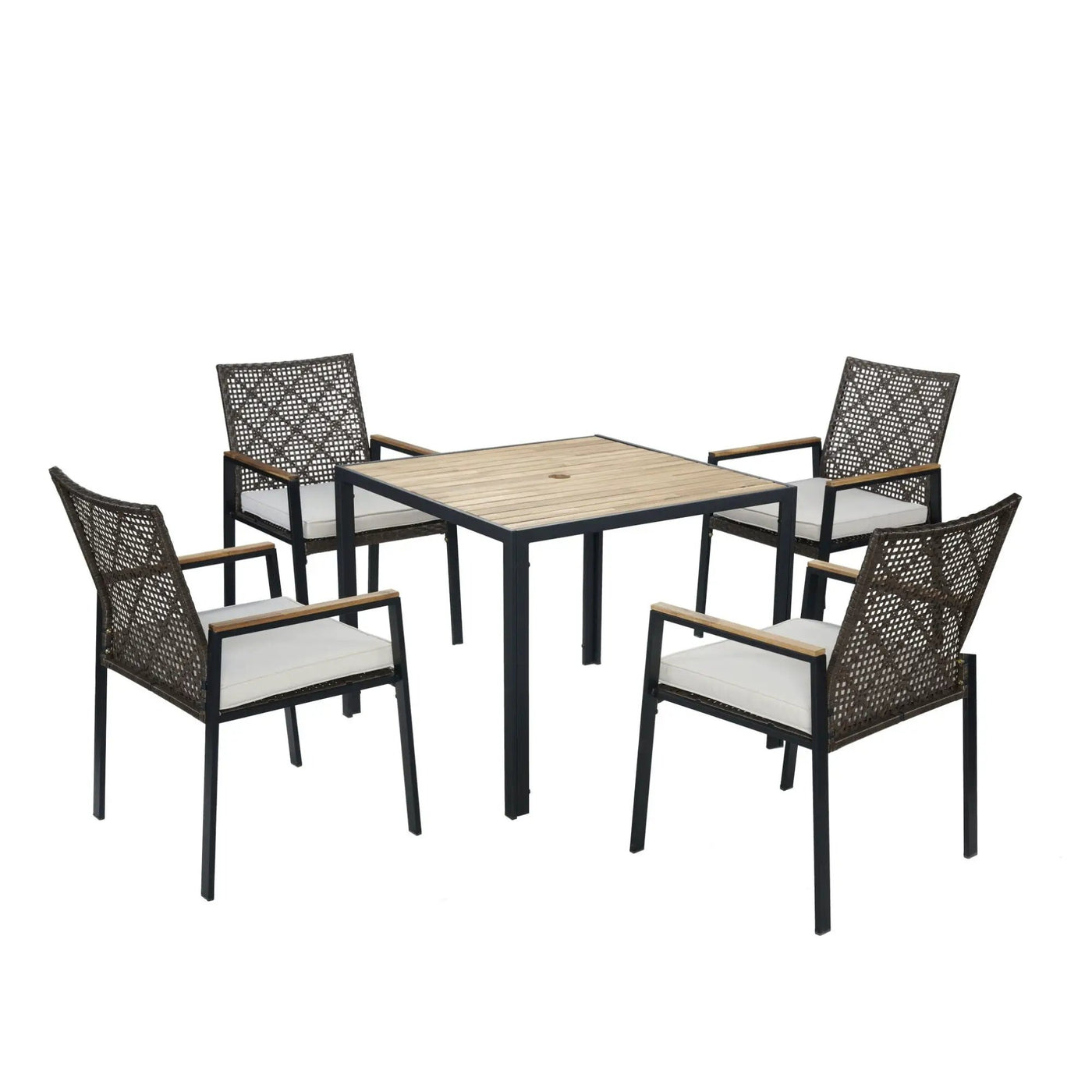 5 Piece Patio Dining Table Set, Acacia Wood Table Top With Umbrella Hole by HouseOfZazla