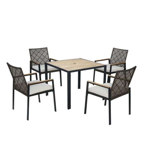 5 Piece Patio Dining Table Set, Acacia Wood Table Top With Umbrella Hole