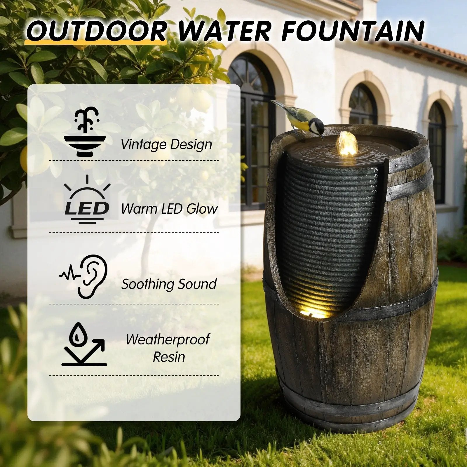 Wooden Barrel Style Outdoor Water Fountain with Lights by HouseOfZazla