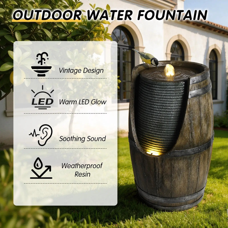Wooden Barrel Style Outdoor Water Fountain with Lights by HouseOfZazla
