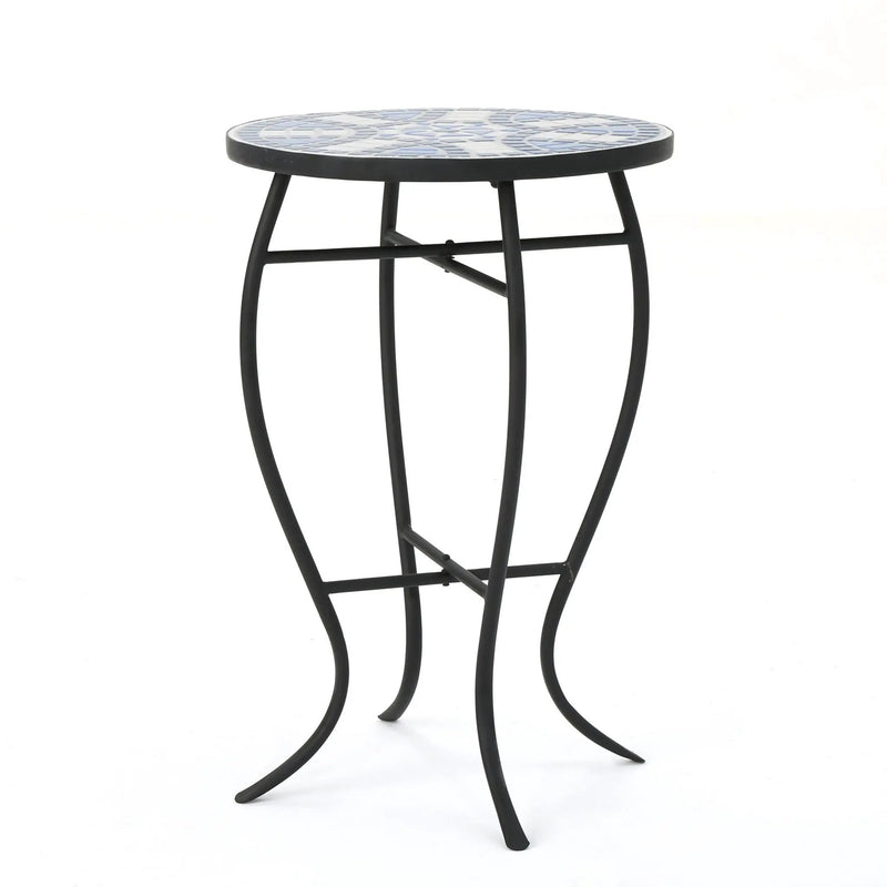 Outdoor Round Side Table With Mosaic Style Top And Curved Iron Legs - Blue / Matte Black by HouseOfZazla