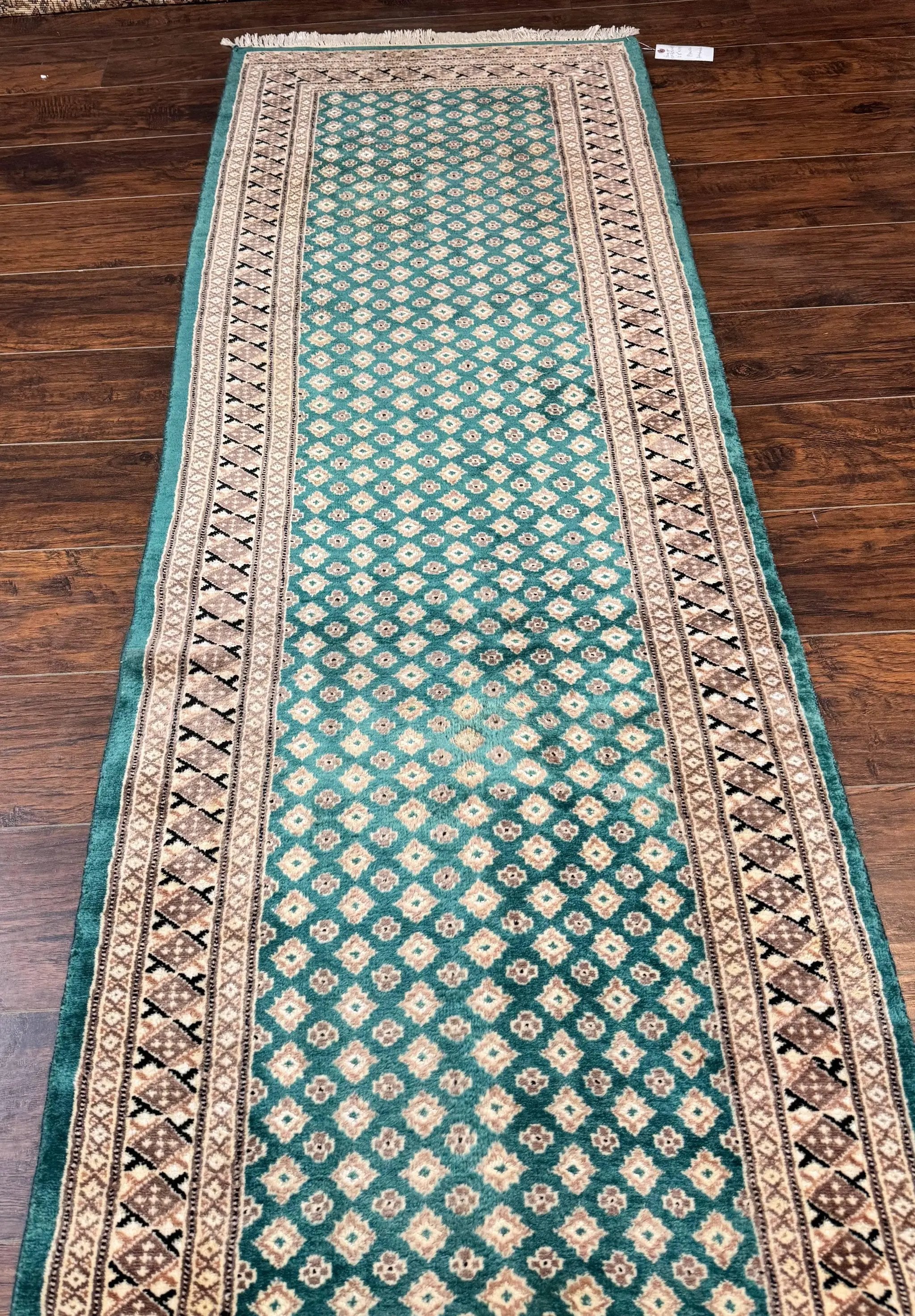 Long Pakistani Runner Rug 2.8 x 20, Hand Knotted Vintage Wool Hallway Rug, Turkoman Rug, Teal and Tan, Handmade Vintage Wool Runner by Jewel Rugs