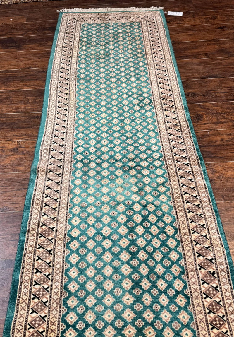 Long Pakistani Runner Rug 2.8 x 20, Hand Knotted Vintage Wool Hallway Rug, Turkoman Rug, Teal and Tan, Handmade Vintage Wool Runner by Jewel Rugs