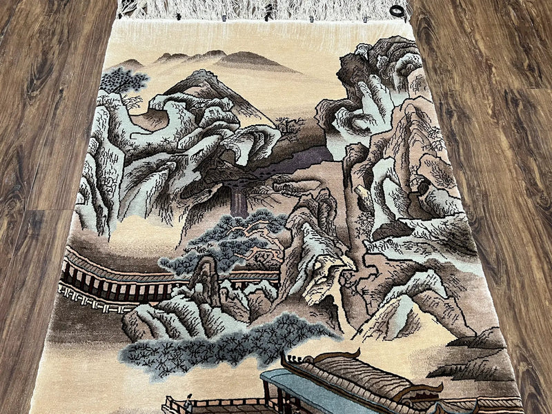 Silk Chinese Wall Hanging Rug 3x6 ft Tapestry, Pagoda Scene, Pictorial, High Quality Fine Hand Knotted Vintage, Asian Oriental Handmade Nice by Jewel Rugs