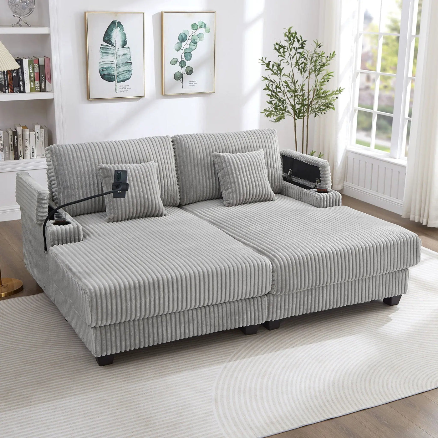 Modern Chaise Sofa With Adjustable Backrest, Cup Holders, Phone Holder & Storage Compartments by HouseOfZazla