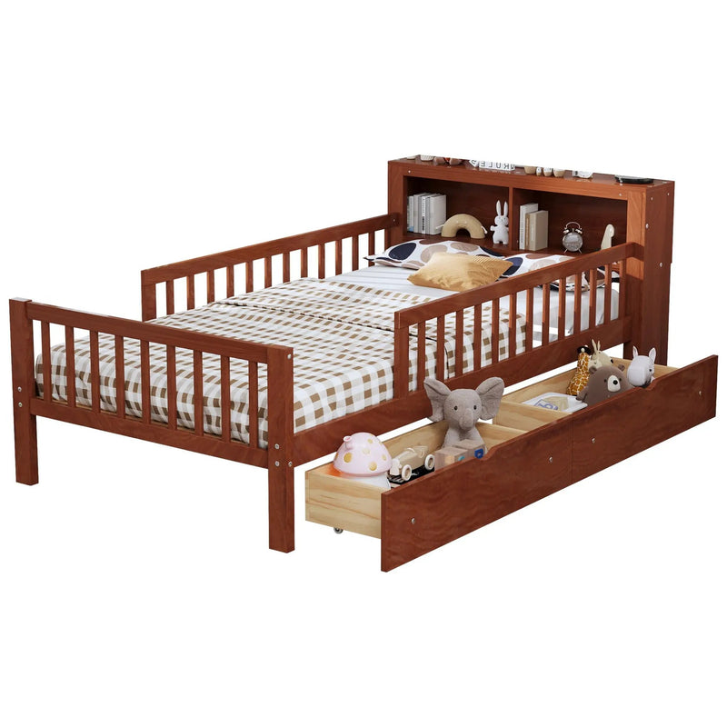 Bed With Headboard Storage Rack, 2 Under Bed Drawers, 3 Side Guardrails For Safety by HouseOfZazla