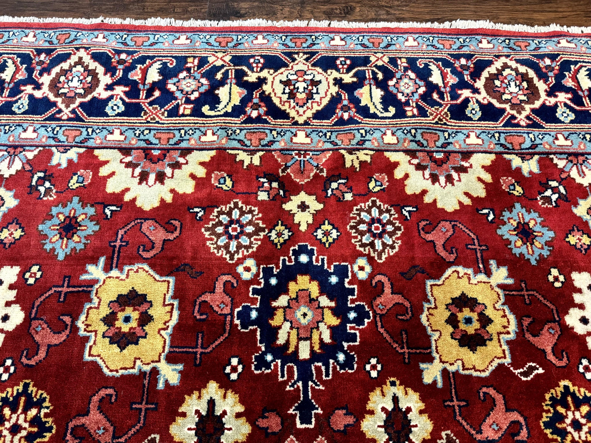 Indo Heriz Rug 8x10, Red and Navy Blue, Allover Pattern, Wool Handmade Carpet by Jewel Rugs