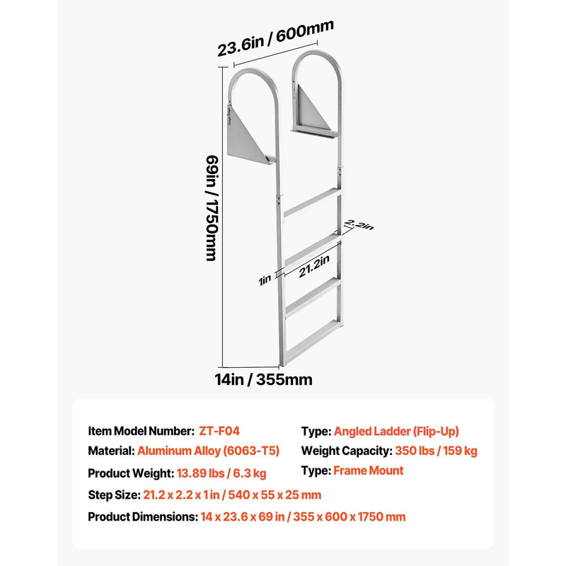 Flip-Up Dock Ladder, 4-Step, Heavy-Duty Aluminum Alloy Pontoon Boat Swim Ladder by HouseOfZazla