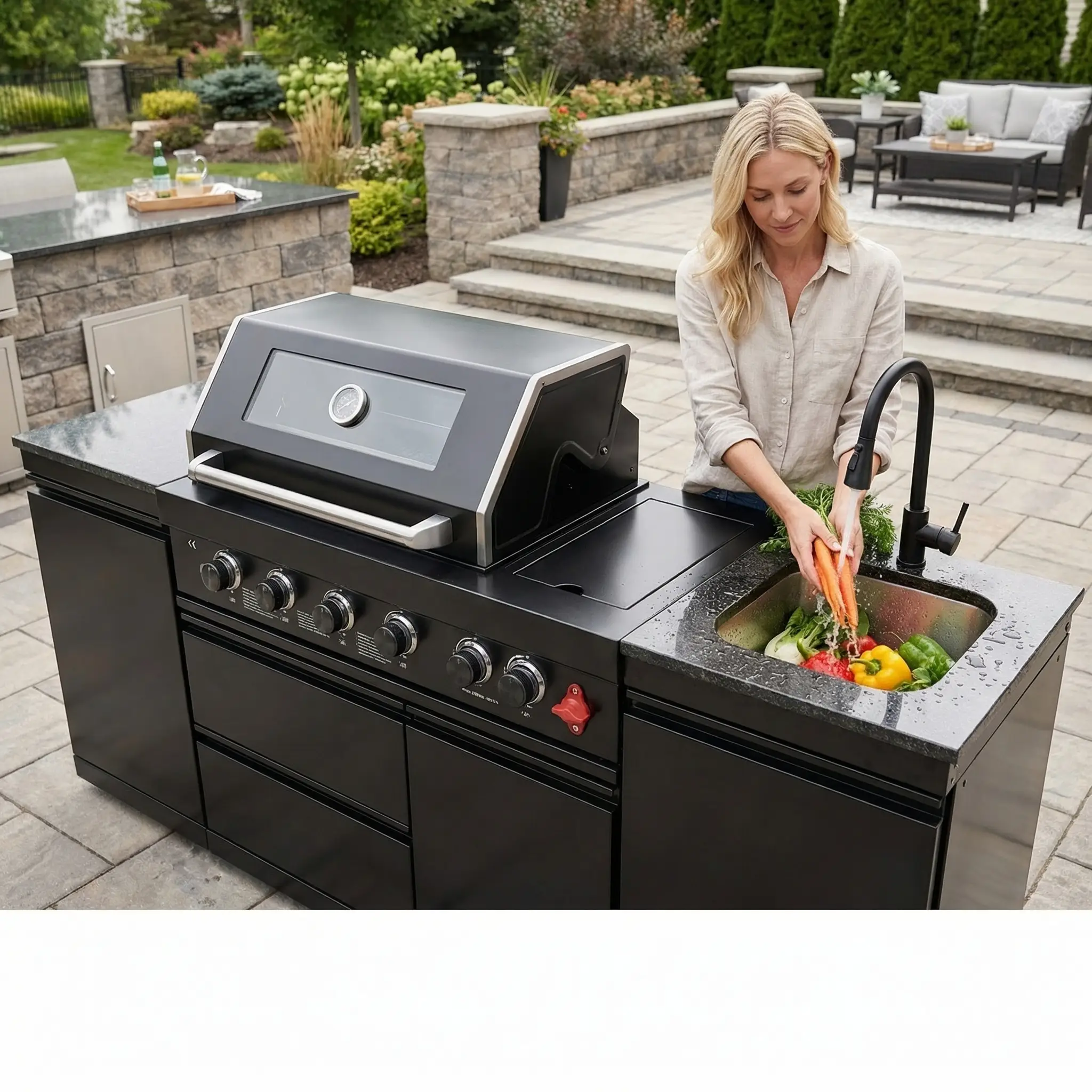 85" 4-Burner 85,000 BTU Black Outdoor Kitchen Island Grill + Storage Cabinets + Sink by Chery Industrial