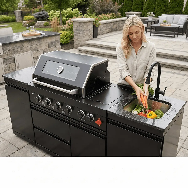 85" 4-Burner 85,000 BTU Black Outdoor Kitchen Island Grill + Storage Cabinets + Sink by Chery Industrial