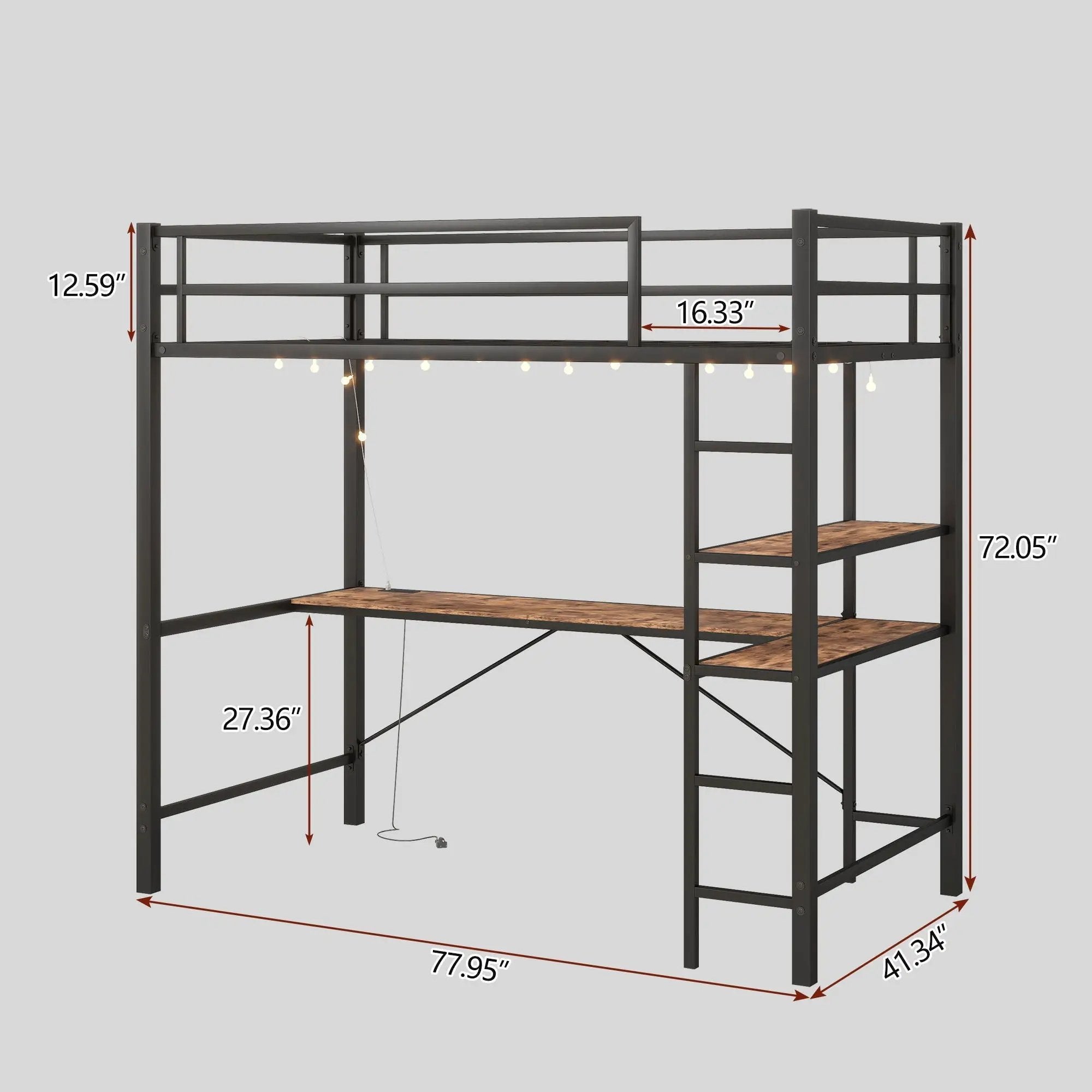 Space Saving Twin Size Loft Bed With L Shaped Desk, Shelves, Charging Station, Led Lights - Brown by HouseOfZazla