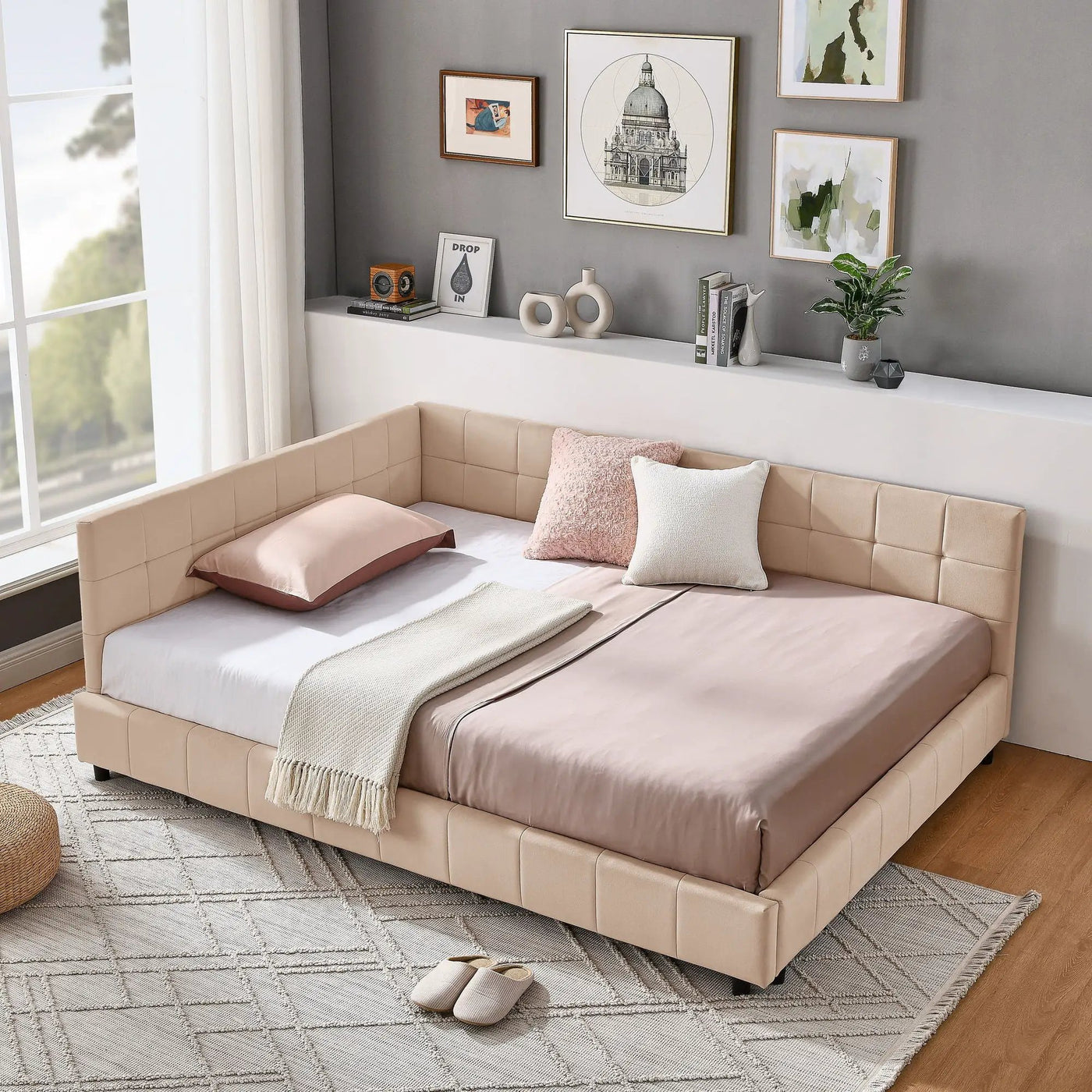 Mid-Century Storage Upholstered Tufted Bed Frame With Backrest And Armrests by Unique Piece Furniture