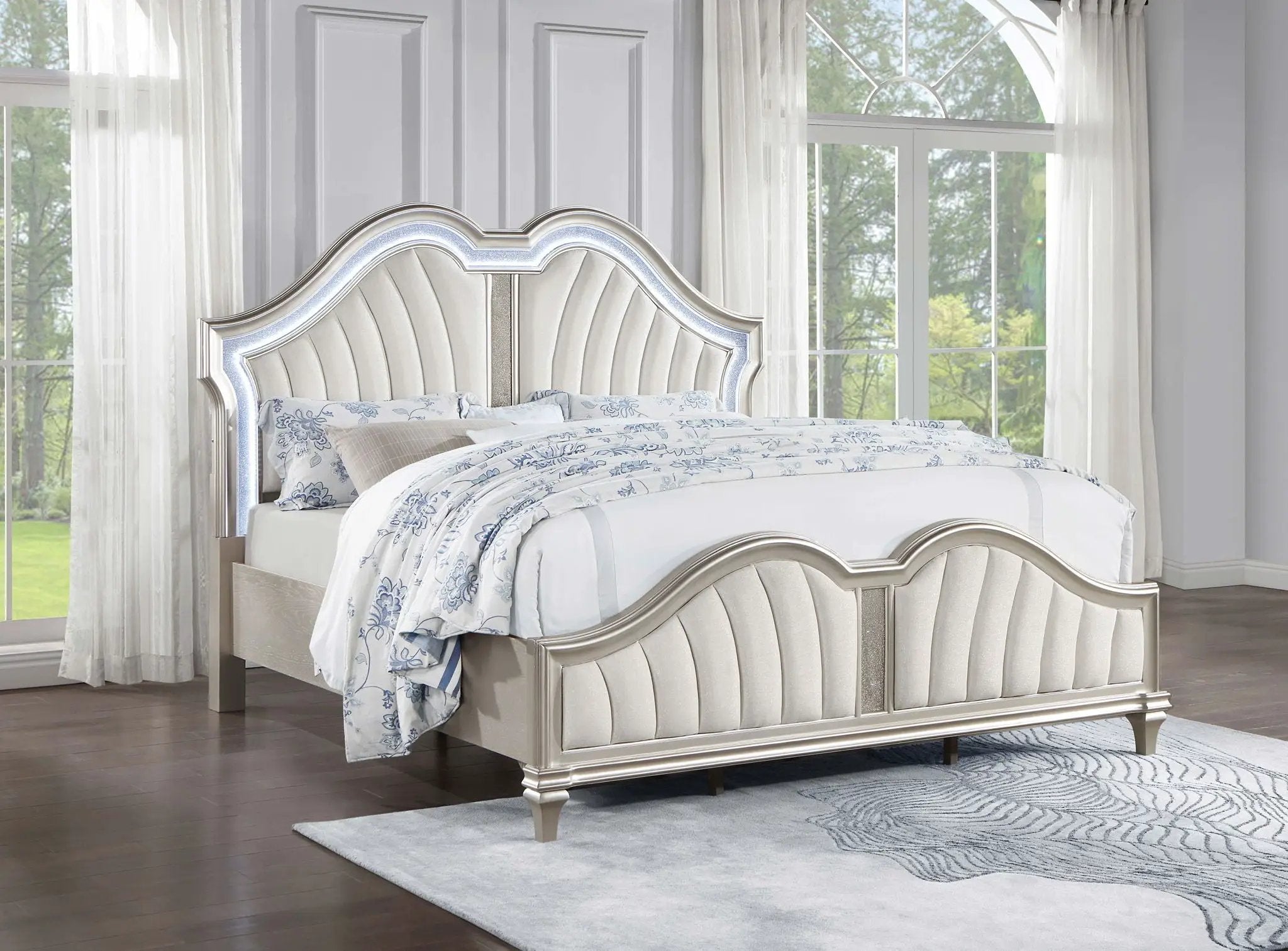 Evangeline Wood Eastern King LED Panel Bed Silver Oak by Unique Piece Furniture