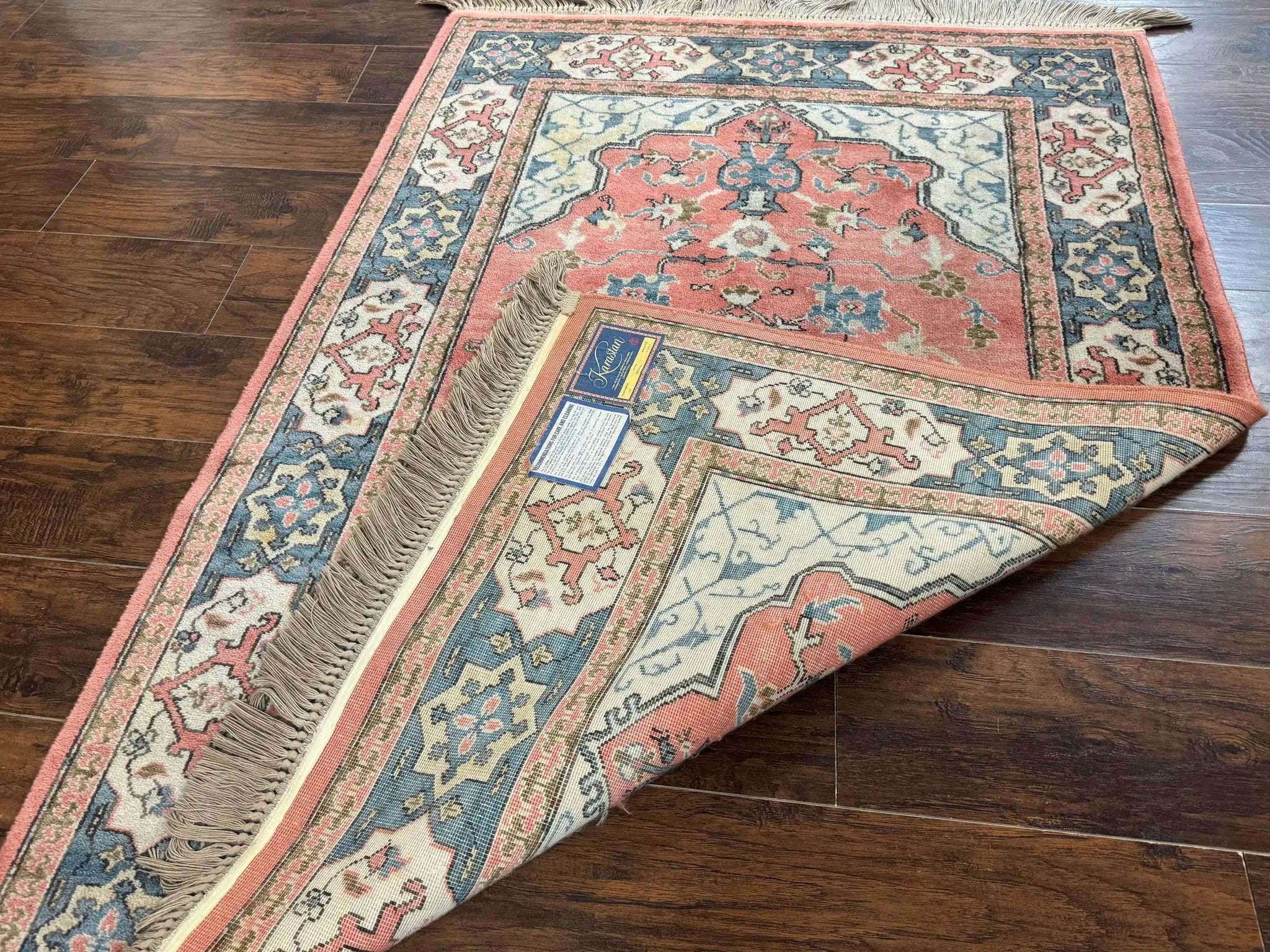 Karastan Rug 4x6 Bergama Design #737, Karastan Area Rug, Vintage Wool Karastan Carpet, Original Collection 700 Series, Salmon Red Light Blue by Jewel Rugs