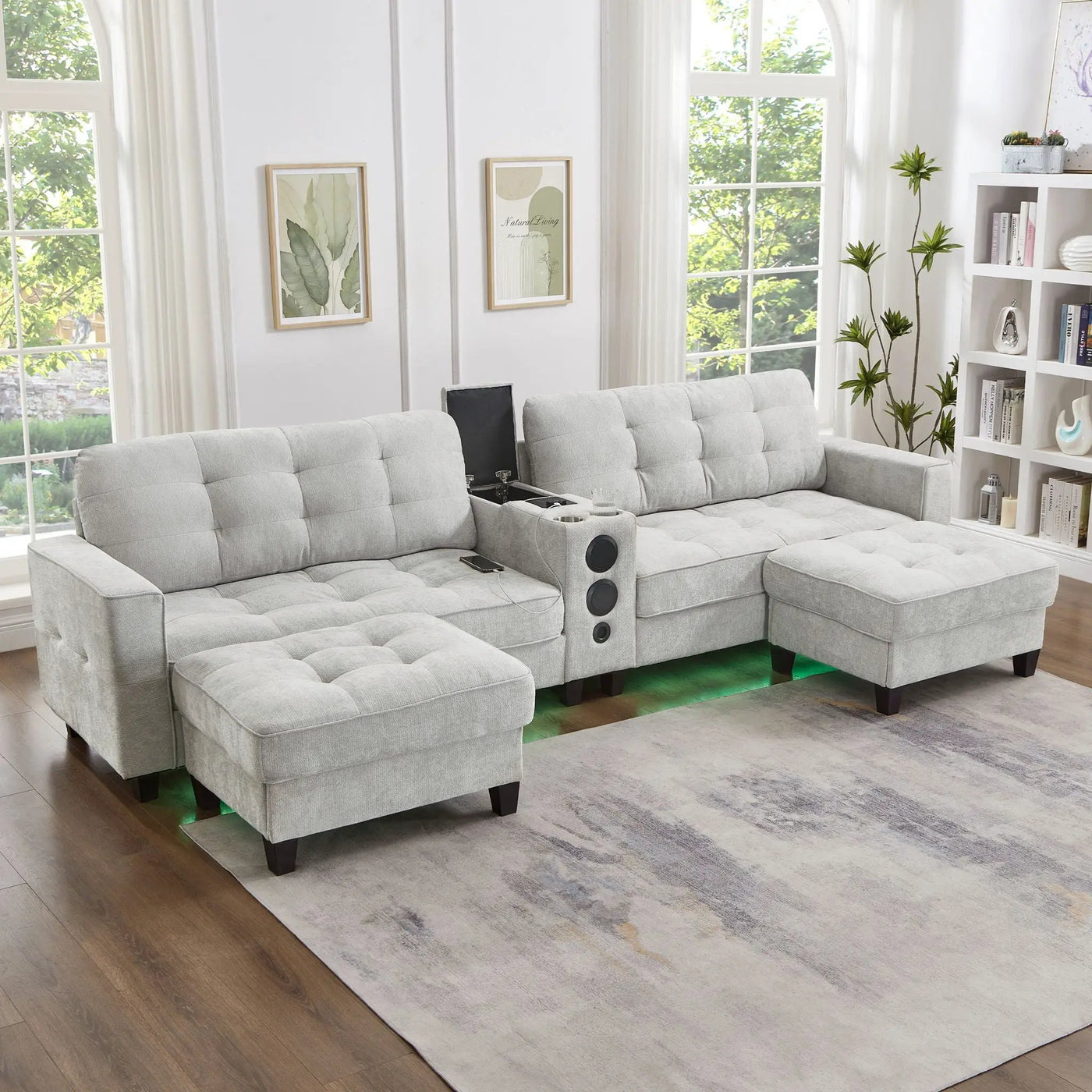 Modern Sectional Sofa U-Shaped With Movable Ottomans, tooth Speakers, LED Lights And Modular Storage by Unique Piece Furniture
