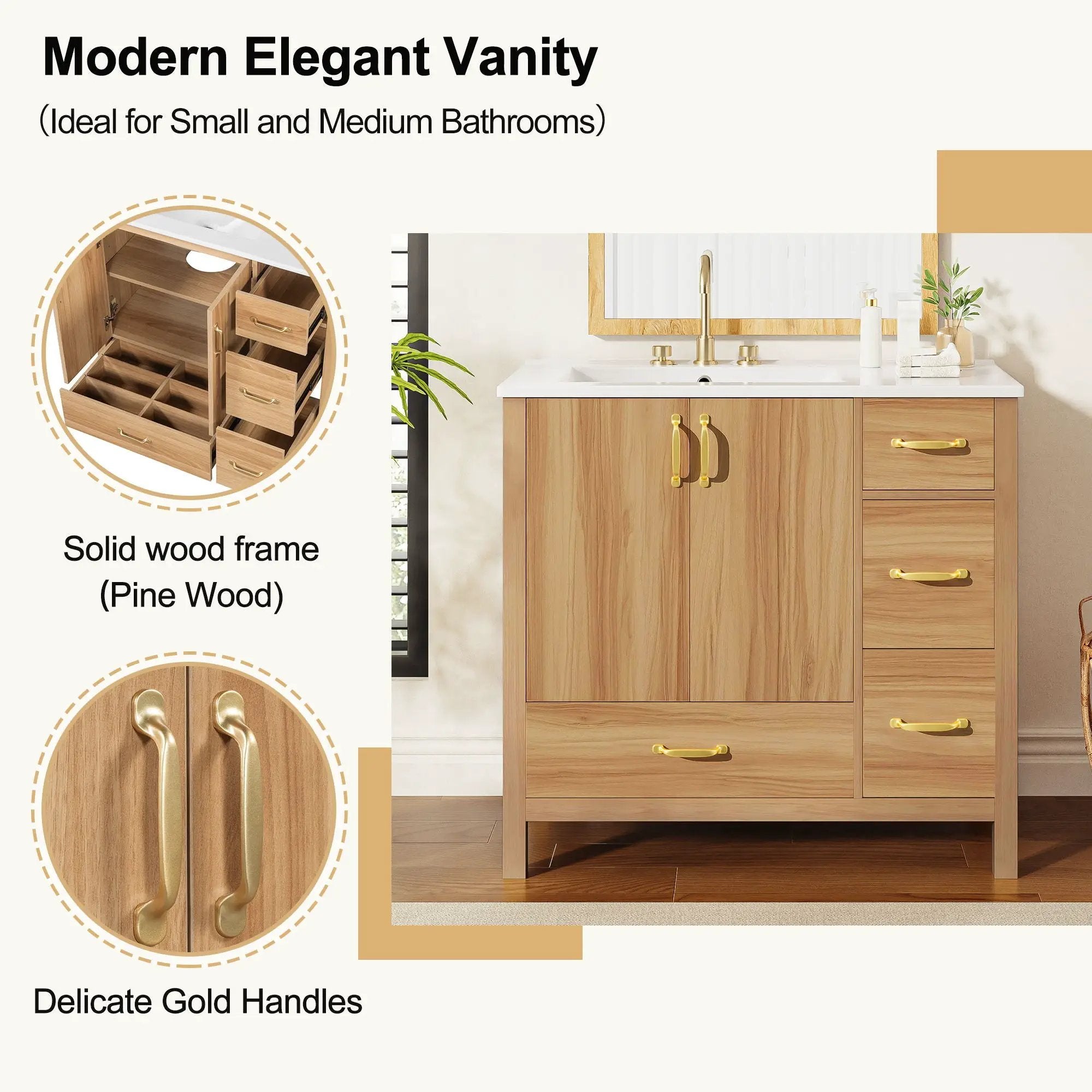 36" Bathroom Vanity, 2 Soft Close Doors, 4 Soft Close Drawers, Adjustable Shelf, Storage Cabinet - Acacia Wood by HouseOfZazla
