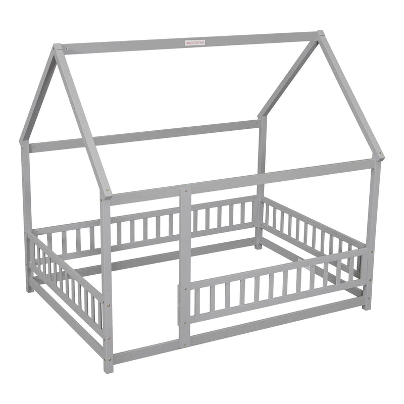 Floor Wooden Bed With House Roof Frame, Fence Guardrails by HouseOfZazla