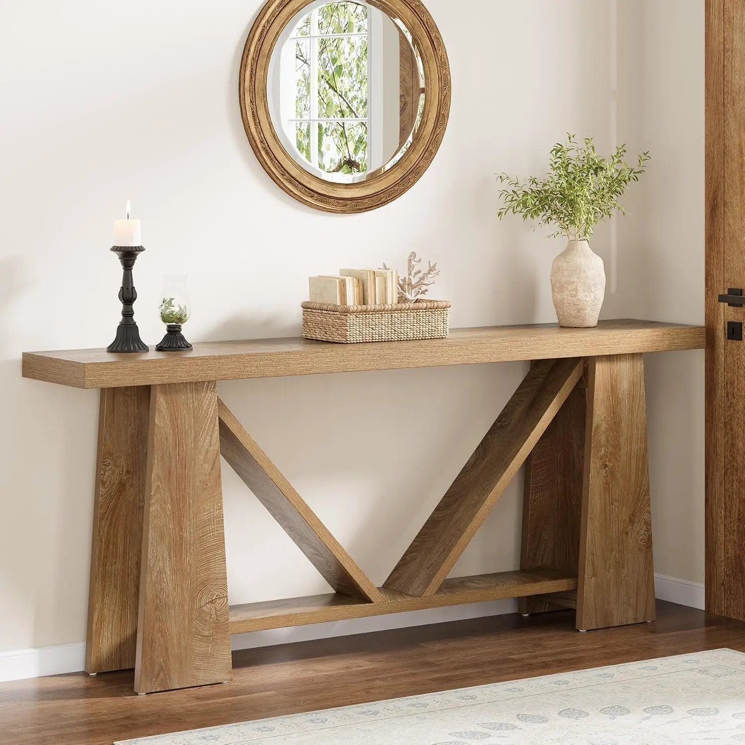 Slim 2 Tier Entryway Accent Extra Long Console Table For Living Room - Natural / Light Brown by HouseOfZazla