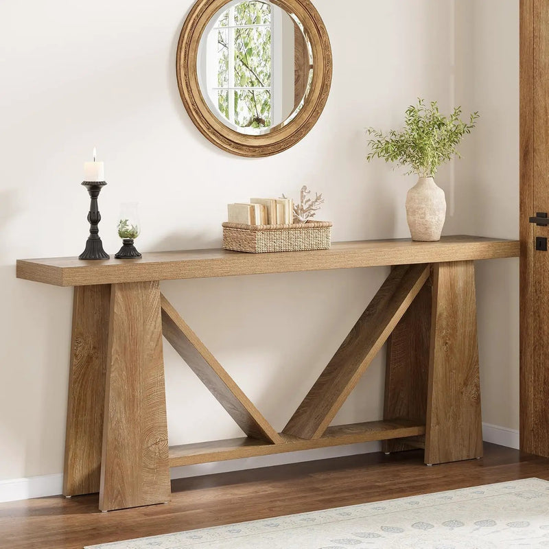 Slim 2 Tier Entryway Accent Extra Long Console Table For Living Room - Natural / Light Brown by HouseOfZazla