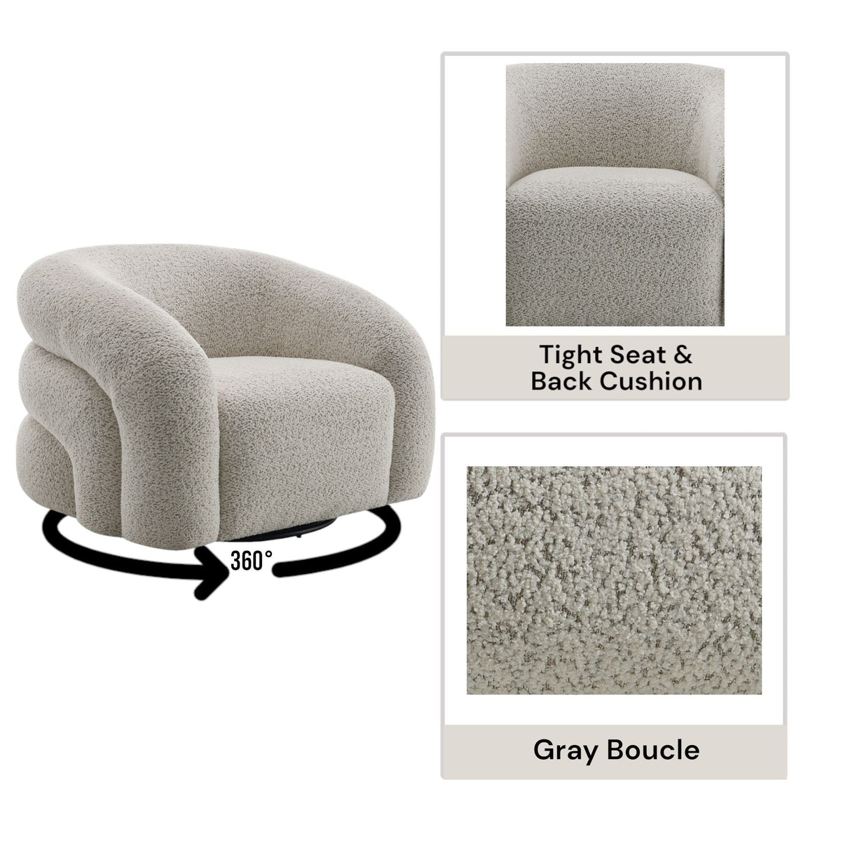 Gray Boucle Swivel Chair with 360° Rotation – Irma Chair, photo 3 of 4