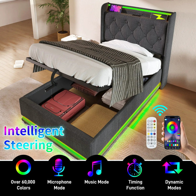 Upholstered Bed, 360 Surround LED Function, Remote Control, Hydraulic Storage Bed With USB, Type-C Charging (Without Mattress) by Unique Piece Furniture