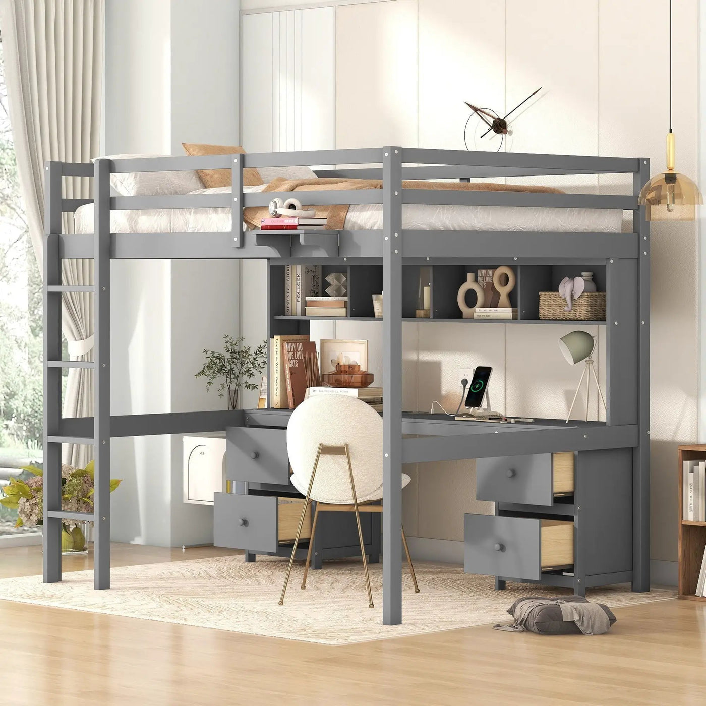 Loft Bed With Desk, Cabinets, Drawers, Charging Station And Bedside Tray by HouseOfZazla