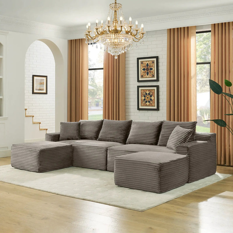 115" Comfy U-Shaped Sectional Modern Boneless Corduroy Couch by HouseOfZazla