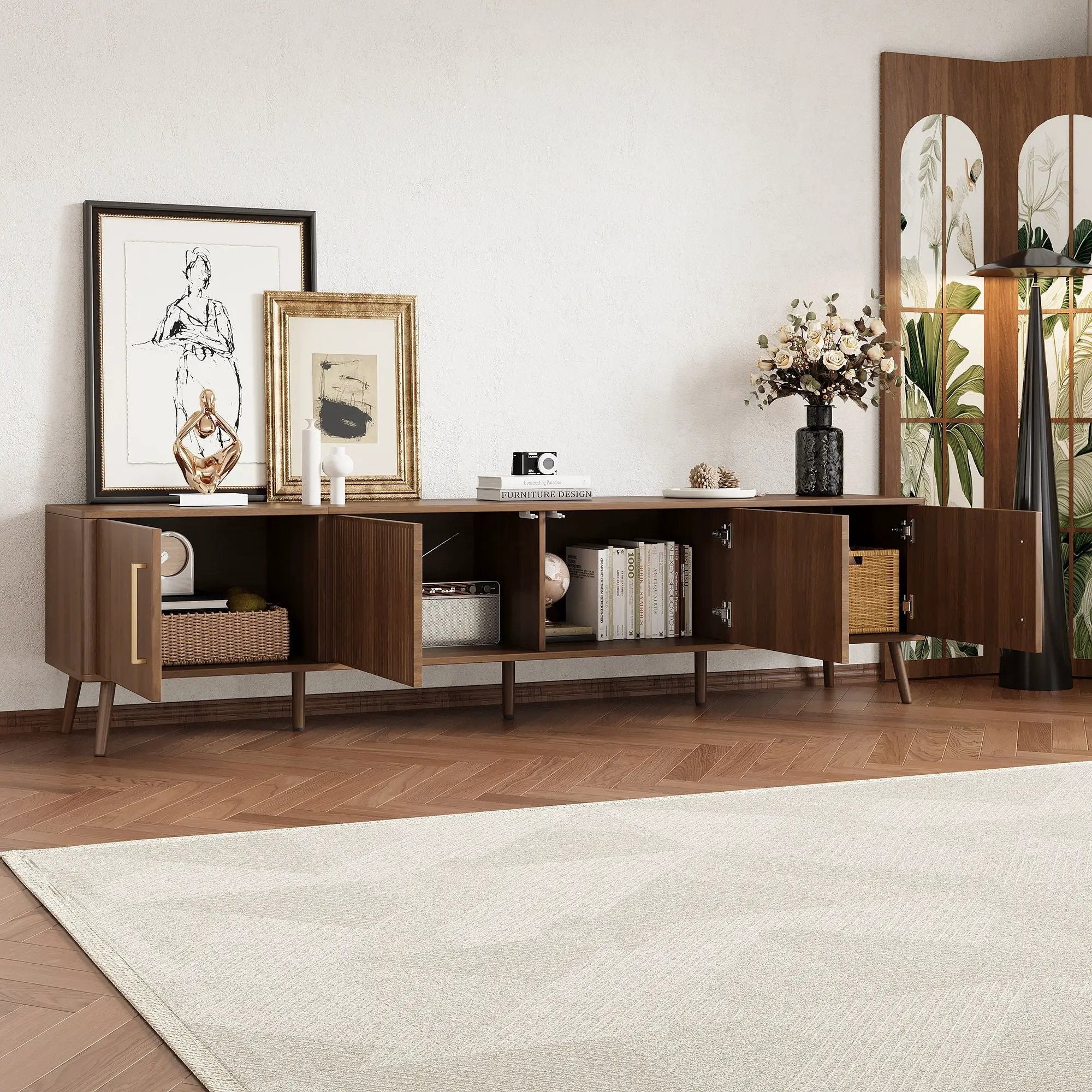 TV Stand For TVs Up To 85" With Fluted Door, Cable Management, Soft-Closing Hinges - Walnut by Unique Piece Furniture