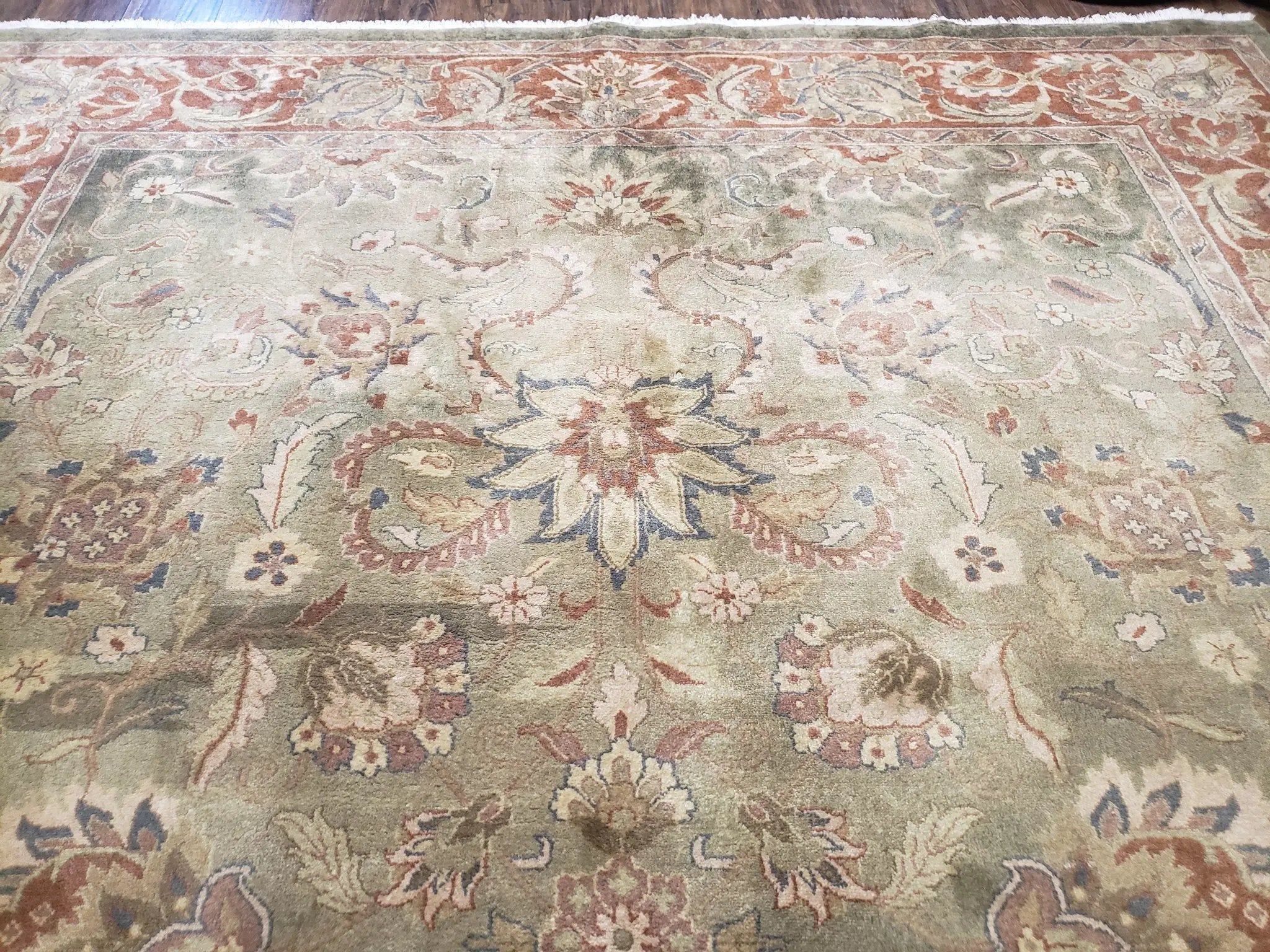 Green Indo Mahal Area Rug 9x12, Wool Hand-Knotted Carpet by Jewel Rugs