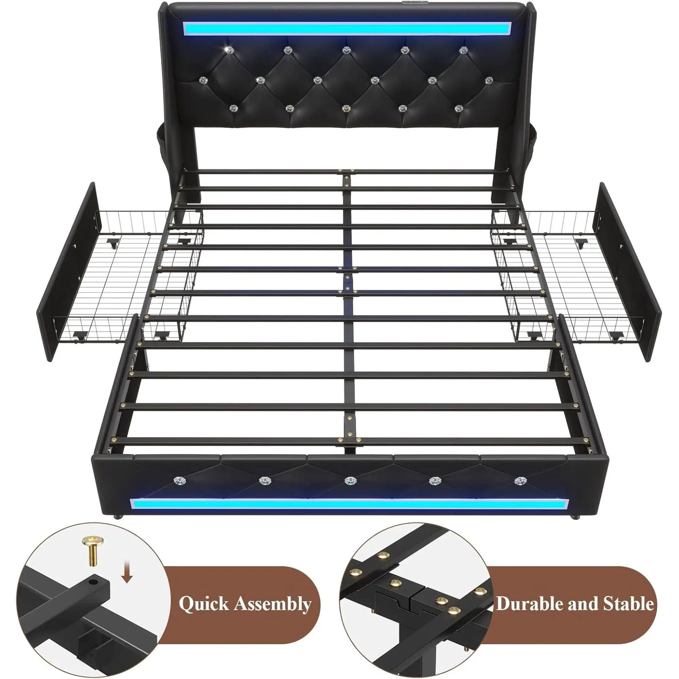 Wingback Upholstered Bed Frame With LED Lights, Charging Station by HouseOfZazla