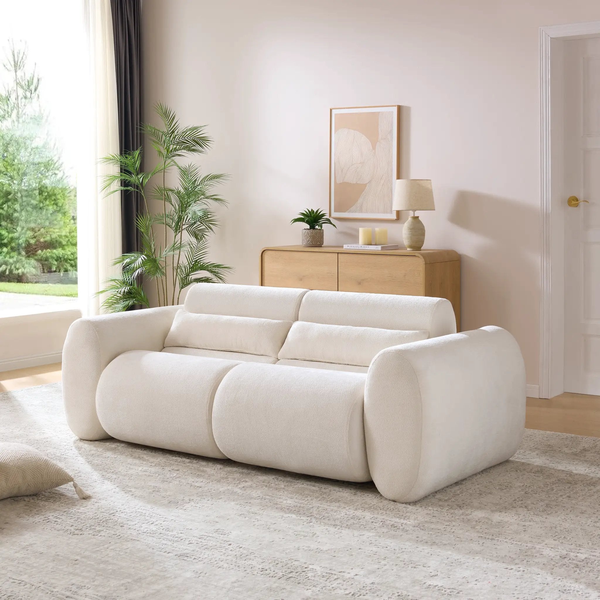 79 in. Round Arm Cloud Curved 3 Seater Modern Upholstered Chenille Sofa, Snow by HouseOfZazla